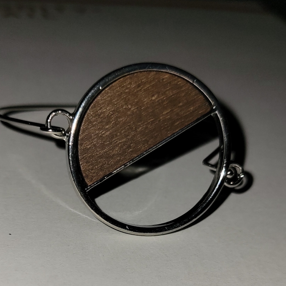 Medallion Brown Wood Half Circle Silver Tone Bracelet